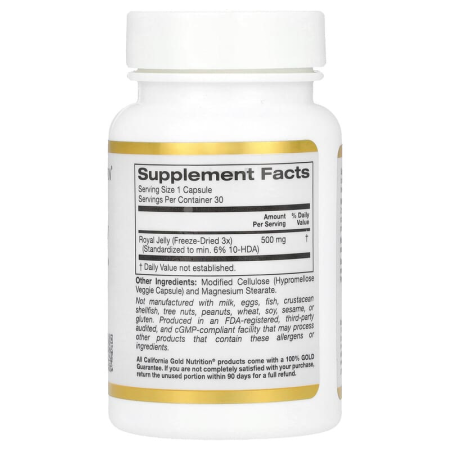 Маточное молочко, Royal Jelly, California Gold Nutrition, 500 мг, 30 растительных капсул
