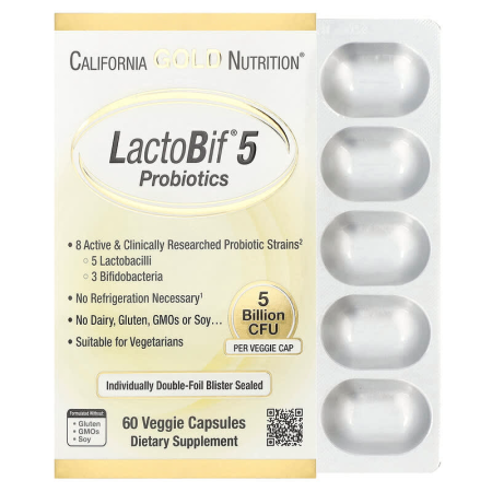 Пробіотики, LactoBif 5 Probiotics, California Gold Nutrition, 5 млрд КОЕ, 60 рослинних капсул