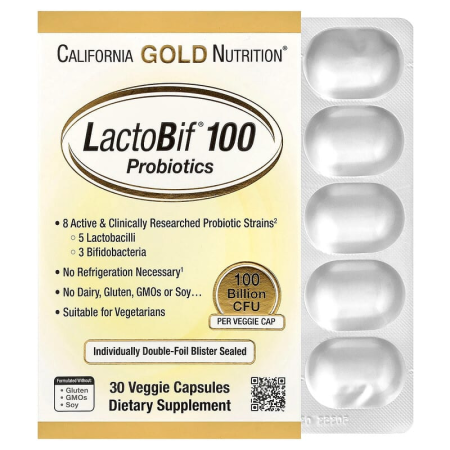 Пробіотики, LactoBif 100 Probiotics, California Gold Nutrition, 100 млрд КУО, 30 рослинних капсул