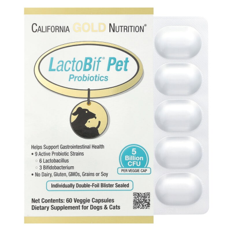 Пробіотики для котів і собак, LactoBif Pet, 5 млрд КУО, California Gold Nutrition, 60 рослинних капсул