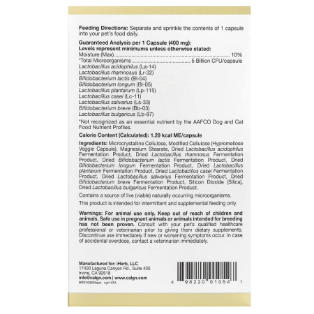 Пробіотики для котів і собак, LactoBif Pet, 5 млрд КУО, California Gold Nutrition, 60 рослинних капсул