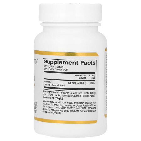 Витамин D3, Vitamin D3, California Gold Nutrition, 125 мкг (5000 МЕ), 90 рыбных желатиновых капсул