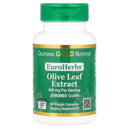 Олива, екстракт листя, EuroHerbs, Olive Leaf Extract, California Gold Nutrition, якість Euromed, 500 мг, 60 рослинних капсул