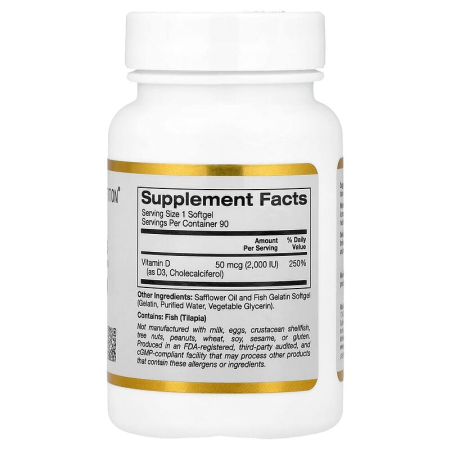 Вітамін D3, Vitamin D3, California Gold Nutrition, 50 мкг (2000 МО), 90 желатинових рибних капсул