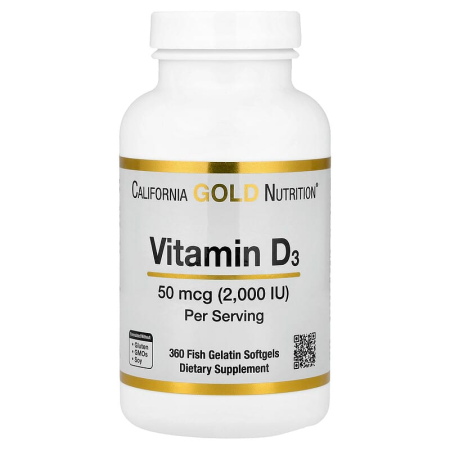 Вітамін D3, Vitamin D3, California Gold Nutrition, 50 мкг (2000 МО), 360 рибних желатинових капсул