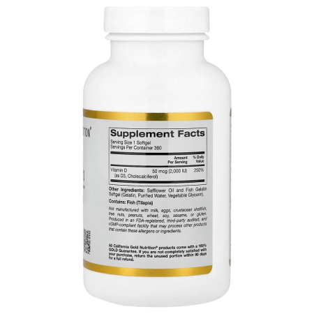 Витамин D3, Vitamin D3, California Gold Nutrition, 50 мкг (2000 МЕ), 360 желатиновых рыбных капсул