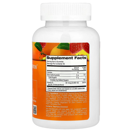 Вітамін D3, Vitamin D3 Gummies, California Gold Nutrition, 2000 МО, зі смаком лимона, апельсина та полуниці, 90 жувальних цукерок (25 мкг (1000 МО у кожній цукерці))