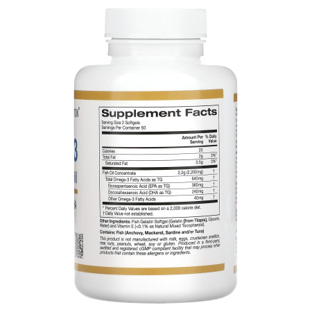 Омега-3, рыбий жир премиум-класса, Omega-3 Premium Fish Oil, California Gold Nutrition, 100 геевых капсул из рыбьего желатина (1100 мг на капсулу)