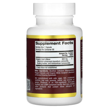 Ежовик Гребенчатый, Lion’s Mane, California Gold Nutrition, 90 растительных капсул