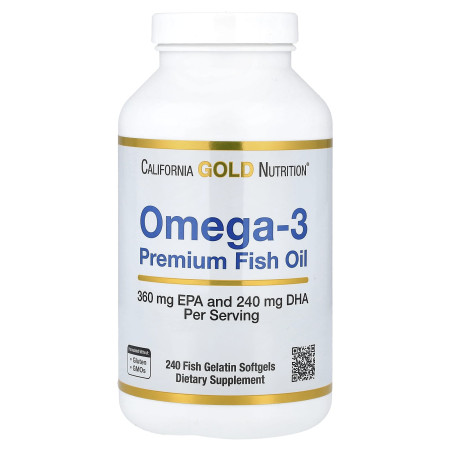 Омега-3, риб'ячий жир, Omega-3, Premium Fish Oil, California Gold Nutrition, 240 гелевих капсул з риб'ячого желатину
