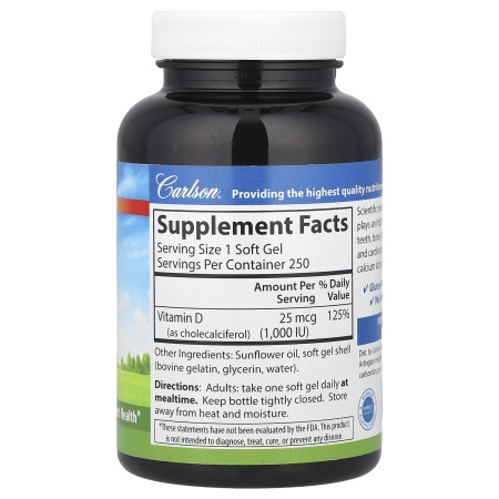 Вітамін D3, Vitamin D3, Carlson, 1000 МО (25 мкг), 250 гелевих капсул