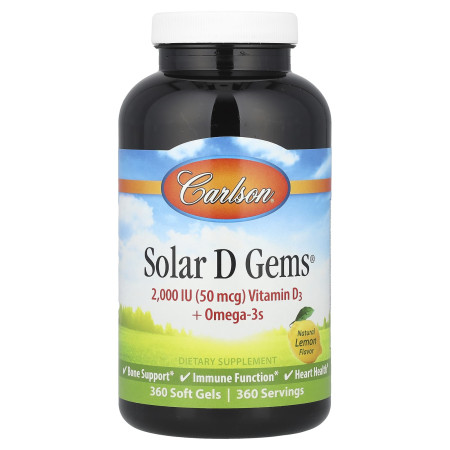 Риб'ячий жир, вітамін D, Solar D Gems, Carlson, смак лимона, 2000 МО, 360 гелевих капсул