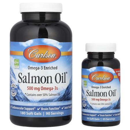 Масло лосося, Salmon Oil, Carlson, норвезьке, 500 мг, 180+50 капсул