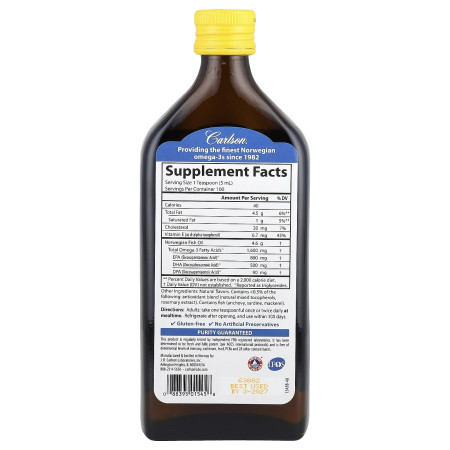 Рыбий жир норвежский со вкусом лимона, Fish Oil, Carlson, 1600 мг, 500 мл