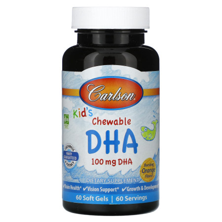 Риб'ячий жир для дітей, Kids Chewable DHA, Carlson, апельсин, 100 мг, 60 жувальних капсул