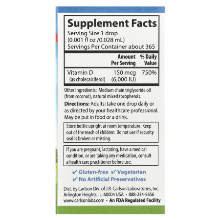 Витамин D3, Vitamin D3, Carlson Labs, 6,000 МЕ, капли, 10,3 мл