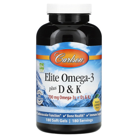 Омега 3+ вітамін D3 та вітамін К, Omega-3 Plus D&K, Carlson, смак лиману, 180 гелевих капсул