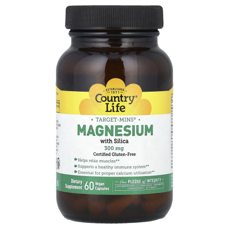 Магній з діоксидом кремнію, Target-Mins, Magnesium Caps, Country Life, 300 мг, 60 веганських капсул