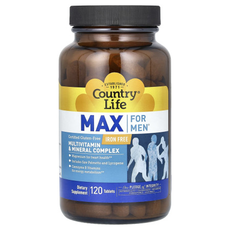 Мультивитамины и минералыдля мужчин, Max for Men,  Country Life, без железа, 120 таблеток