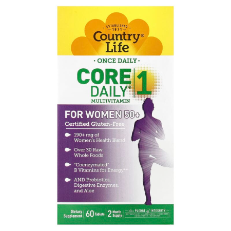 Витамины для женщин 50+, Core Daily-1 Multivitamins, Country Life, 1 в день, 60 таблеток