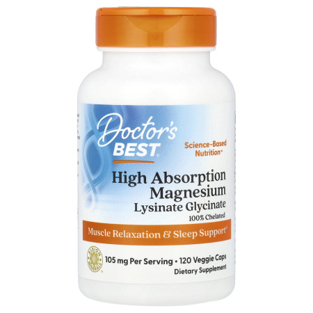 Магний лизинат-глицинат, High Absorption Magnesium, Doctor's Best, 100% хелатный, 105 мг, 120 вегетарианских капсул (52.5 мг в капсуле)