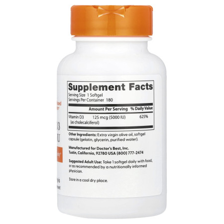 Витамин D3, Vitamin D3, Doctor's Best, 125 мкг (5000 МЕ), 180 капсул