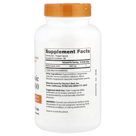 Альфа-ліпоєва кислота, Alpha-Lipoic Acid, Doctor's Best, 600 мг, 180 веганських капсул