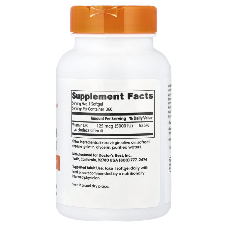 Вітамін D3, Vitamin D3, Doctor's Best, 125 мкг (5000 МО), 360 гелевих капсул