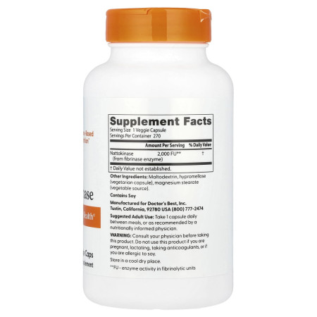 Наттокіназа, Nattokinase, Doctor's Best, 2,000 FUs, 270 капсул