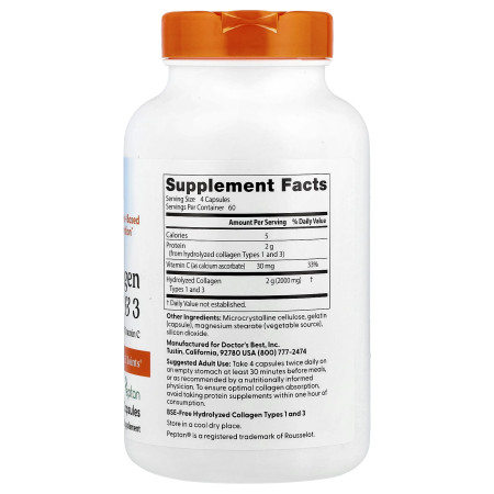 Колаген 1 і 3 типу, Types 1 and 3 with Peptan, Doctor's Best, з пептаном та вітаміном C, 500 мг, 240 капсул (125 мг у капсулі)