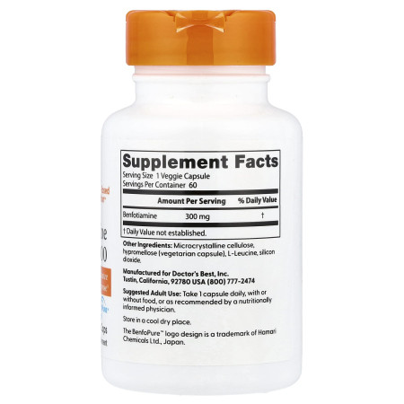 Бенфотіамін, Benfotiamine 300 with BenfoPure, Doctor's Best, з BenfoPure, 300 мг, 60 веганських капсул