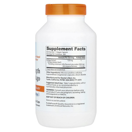 Гінкго Білоба, Extra Strength Ginkgo, Doctor's Best, екстрасильний, 120 мг, 360 веганських капсул