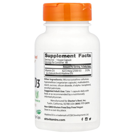 Витамин D3, Vitamin D3, Doctor's Best, 62,5 мкг (2500 МЕ), 60 веганских капсул