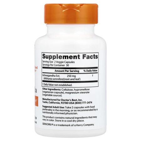 Ашваганда, Ashwagandha, Doctor's Best, 250 мг, 60 веганских капсул (125 мг в капсуле)