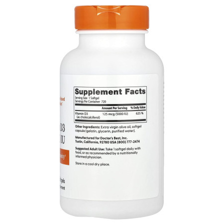 Витамин D3 (холекальциферол), Vitamin D3, Doctor's Best, 125 мкг (5000 МЕ), 720 гелевых капсул