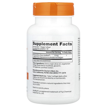 Астаксантин з AstaPure, Astaxanthin, Doctor's Best, 6 мг, 90 капсул