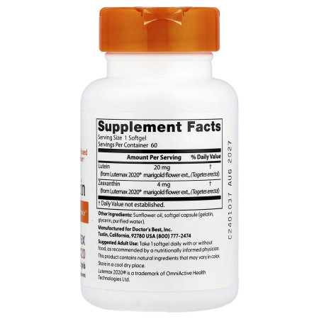 Лютеїн, Lutein, Doctors Best, лютемакс, 20 мг, 60 капсул