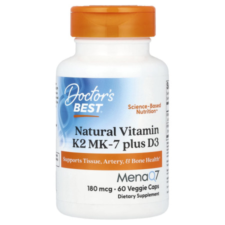 Витамин K2 (MK-7) плюс D3, Natural Vitamin K2 Plus D3 with MK-7, Doctor's Best, 180 мкг, 60 вегетарианских капсул