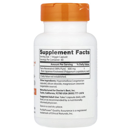 Ресвератрол, Trans-Resveratrol, Doctor's Best, 600 мг, 60 вегетарианских капсул