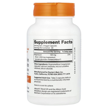 Магній лізинат-гліцинат, High Absorption Magnesium, Doctor's Best, 100% хелатний, 105 мг, 120 вегетаріанських капсул (52.5 мг у капсулі)