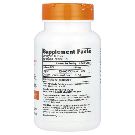 Бетаин гидрохлорид + пепсин, Betaine HCL Pepsin, Doctor's Best, 120 капсул