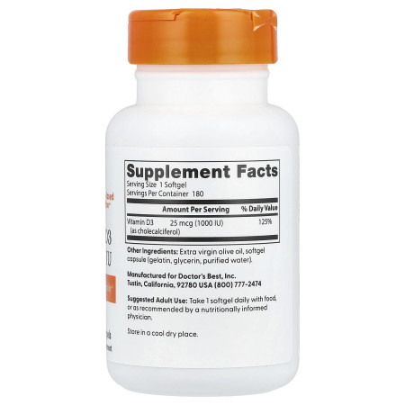 Вітамін D3, Vitamin D3, Doctor's Best, 25 мкг (1000 МО), 180 гелевих капсул
