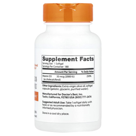 Витамин D3, Vitamin D3, Doctor's Best, 50 мкг (2000 МЕ), 180 гелевых капсул