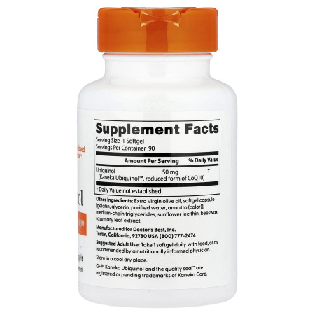Коэнзим Q10, Убихинол, Ubiquinol, Doctor's Best, с Kaneka QH, 50 мг, 90 гелевых капсул