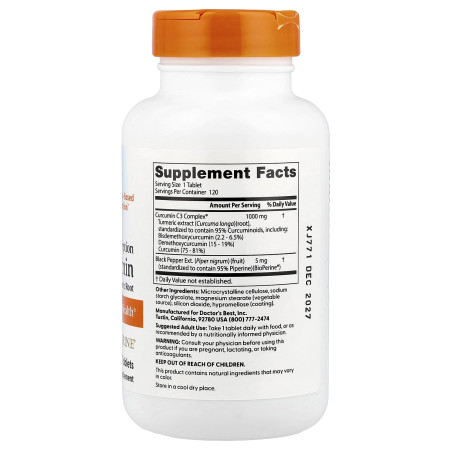 Куркумін, High Absorption Curcumin, Doctor's Best, високої засвоюваності, 1000 мг, 120 веганських таблеток