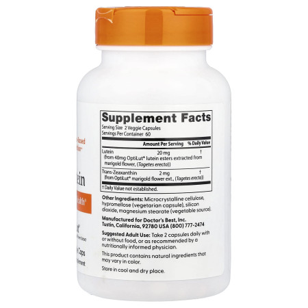 Лютеин, Lutein with OptiLut, Doctors Best, 20 мг, 120 веганских капсул (10 мг в капсуле)