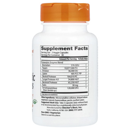 Протеолітичні ферменти, Proteolytic Enzymes, Doctor's Best, 90 вегетаріанських капсул з відстроченим вивільненням