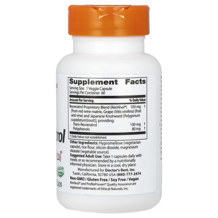 Ресвератрол, Resveratrol, Doctor's Best, 100 мг, 60 веганских капсул 