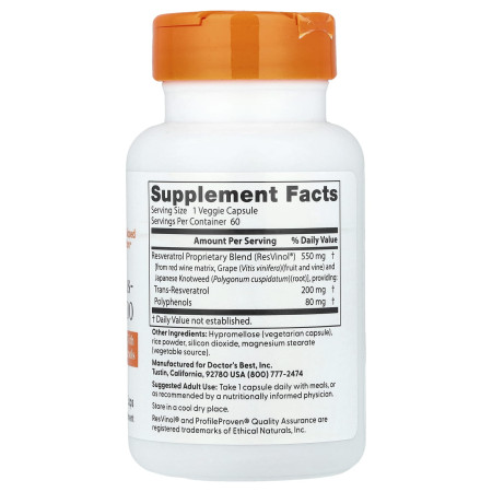 Ресвератрол, Trans-Resveratrol, Doctor's Best, 200 мг, 60 вегетаріанських капсул