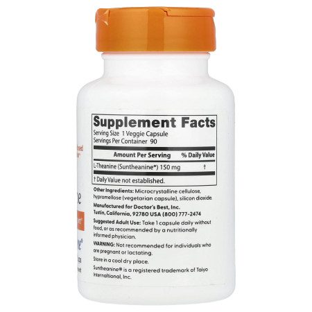 Теанін, L-Theanine, Doctor's Best, 150 мг, 90 веганських капсул